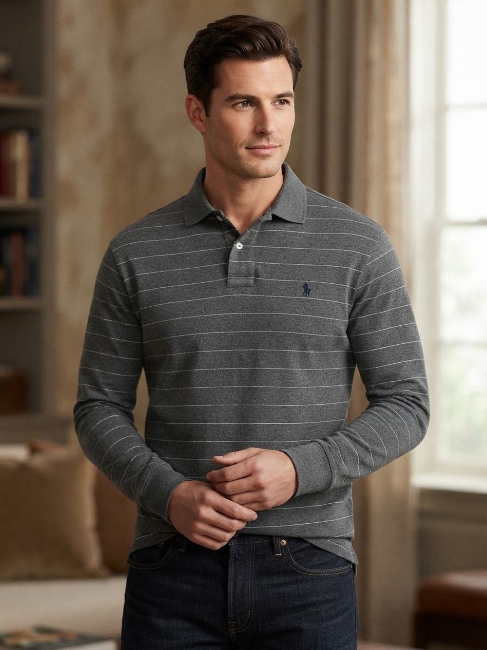 Ralph Lauren Gray Striped Long-Sleeve Polo